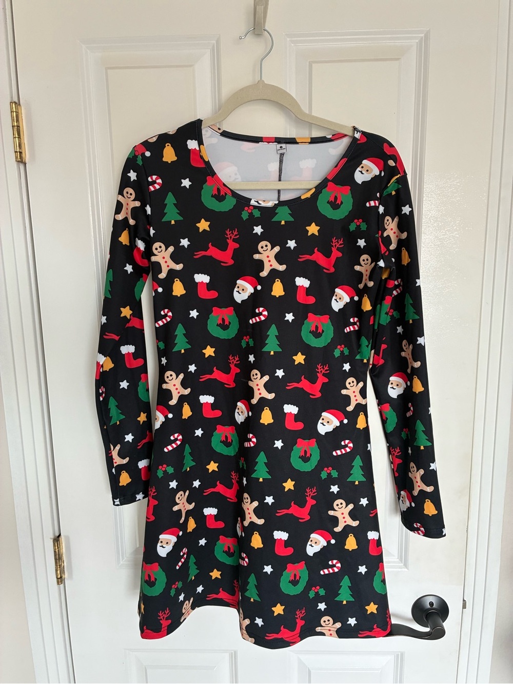 Tipsy Elves Black Holiday Print Long-Sleeve Dress